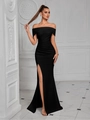 Elegant black off-shoulder slim fit evening gown with a high side slit for women - XS / Black