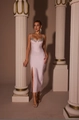 Elegante roze bandagejurk met zilveren strass decoratie en hoge split voor dames - XS / Roze