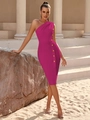 Abito midi fucsia aderente monospalla con bottoni dorati decorativi sul lato - XS / Rosa Rosso
