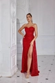 Elegantes rotes Pailletten-Abendkleid mit hohem Schlitz und bodenlangem Schnitt - S / Rot
