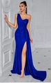 Elegante vestido de noche de satén azul cobalto de un hombro con abertura y cinta fluida - XS / Azul