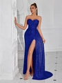 Elegantes königsblaues Pailletten-Abendkleid mit hohem Schlitz und bodenlanger Schleppe - XS / Blau