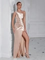 Robe de soirée élégante en satin champagne doré à une épaule avec fente et plis - Abricot