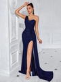 Elegantes marineblaues One-Shoulder Abendkleid aus Satin mit Raffung und hohem Schlitz - XS / Marineblau