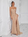 Elegant gold sequin strapless evening gown featuring a high slit and floor-length fit - Champagne