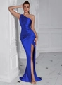 Robe de soirée élégante en satin bleu roi à une épaule avec détails plissés et fente - Bleu
