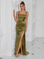 Olijfgroene satijnen avondjurk met spaghettibandjes en elegante zijsplit details - XS / Legergroen
