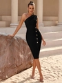 Elegante abito midi monospalla nero con bottoni dorati di lusso e vestibilità slim - Nero