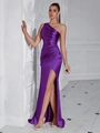 Robe de soirée élégante en satin violet foncé à une épaule avec taille plissée et fente haute - Violet