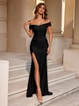 Detail of elegant black off-shoulder evening dress with side slit and ruched texture - XS / Black