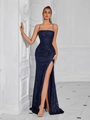 Slim fit sequin evening dress in navy blue with spaghetti straps and high side slit - XS / Navy Blue