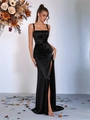 Elegante zwarte satijnen slipjurk met geplooide taille en zijsplit voor dames - XS / Zwart