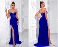 Elegantes königsblaues Samtabendkleid mit Strassausschnitt und hohem Beinschlitz - XS / Gummiband-Stil / Königsblau