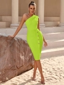Abito sexy verde neon monospalla vestibilità slim con anello metallico e spacco laterale - XS / verde chiaro