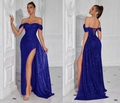 Robe de soirée à paillettes bleu foncé, bustier avec fente latérale et dos lacé chic - XS / Bleu Royal (Lacet)