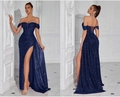 Elegant navy blue sequined off-the-shoulder evening gown with a high leg slit and corset back - XS / Navy Blue (Lace-up)