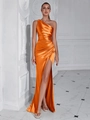 Robe élégante en satin orange vif à une épaule avec plis et fente haute pour soirée - Orange