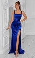 Robe midi en satin bleu roi ajustée avec détails froncés et fente latérale - Bleu royal