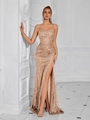 Elegante vestido de noche con lentejuelas doradas, tirantes finos y abertura alta - XS / Champán
