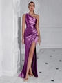Robe de soirée élégante en satin violet à une épaule avec fronces et fente haute pour bal - Violet Vif
