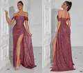 Robe de soirée à paillettes roses, épaules dénudées avec corset et fente haute - XS / Rose Poudré (Lacet)