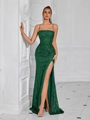 Vestido de noche ajustado de lentejuelas verde esmeralda con tirantes finos y abertura - XS / Verde Oscuro