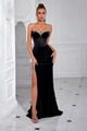 Elegante abito da sera nero a fascia con scollo in strass e spacco alto laterale - XS / Stile con cerniera / Nero