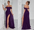 Elegant purple sequin off-shoulder evening gown with high slit and lace-up back - XS / Violet (Lace-up)