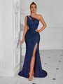 Robe de soirée pailletée bleu marine avec épaule dénudée et fente latérale - XS / Bleu Marine (Lacet)