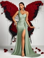 Sage green one shoulder satin evening gown with high slit and long trailing hem - Emerald