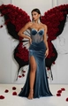 Navy blue velvet strapless evening dress with rhinestone neckline and high slit detail - XS / Elastic Band Style / Grey Blue