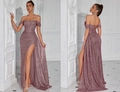 Sparkly dust pink sequin strapless evening gown with side slit and corset back - XS / Nude Pink (Lace-up)