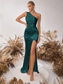 Robe longue asymétrique en satin vert émeraude avec drapé élégant et fente latérale haute - Vert Forêt Foncé