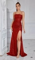 Elegant red sequin evening dress with thin straps and a high side slit formal gown - XS / Red