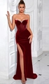 Elegant wine red velvet strapless evening gown with diamond trim and a high slit - XS / Zipper Style / Burgundy