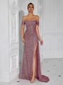 Robe de soirée à paillettes vieux rose avec bustier corset et fente haute sexy - XS / Rose Nude (Fermeture Éclair)