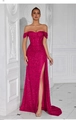 Robe de soirée élégante à paillettes fuchsia avec corsage baleiné et fente haute sexy - XS / Rose Rouge (Fermeture Éclair)