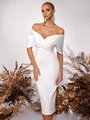 Vestido midi blanco elegante con hombros descubiertos de satén con cinturón y cuello V - S / Blanco