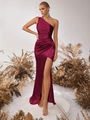 Robe de soirée élégante en satin bordeaux à une épaule avec fente latérale pour fêtes - Bordeaux