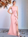 Elegant pink sleeveless long evening dress with waist pleats and high slit design - Pink