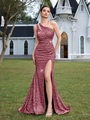 Elegant rose gold sequin evening gown featuring a one-shoulder cut and high side slit - XS / Dusty Pink (Lace-up)