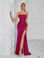 Elegant rose red sequin evening dress with thin straps and a thigh-high slit design - XS / Rose Red