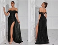 Elegante abito da sera nero con paillettes, spacco alto e schiena stringata - XS / Nero (Stringato)