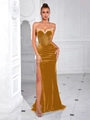 Elegant mustard gold velvet strapless evening dress with corset bodice and side slit - S / Gold (Zipper)
