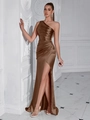 Robe de soirée élégante en satin marron foncé à une épaule avec fente haute chic - Marron