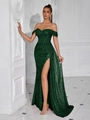 Robe bustier à paillettes vert émeraude avec corsage et fente haute avec longue traîne - XS / Vert Foncé (Fermeture Éclair)