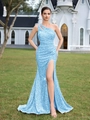 Elegant light blue one-shoulder sequin evening gown with a high slit floor-length design - XL / Sky Blue (Lace-up)