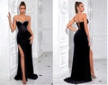 Elegantes schwarzes trägerloses Samtabendkleid mit Korsett-Taille und Kristalldetails - XS / Gummiband-Stil / Schwarz