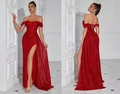 Elegant red sequin off-shoulder evening gown with high slit and lace-up corset back design - XS / Red (Lace-up)