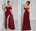 Robe de soirée pailletée bordeaux avec fente haute et bustier style corset chic - XS / Rouge Vin (Lacet)